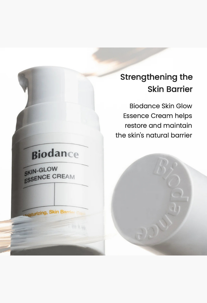 GLAM MODA Biodance Skin Glow Essence Cream in a white pump bottle with a textured cream smear for skin barrier care.