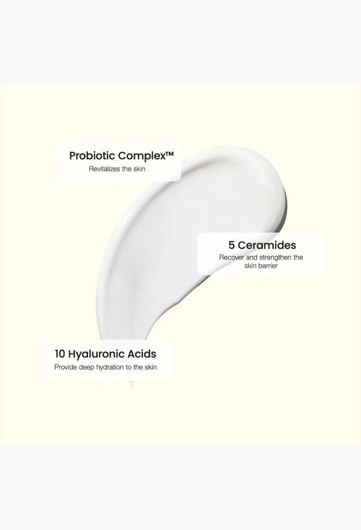 GLAM MODA Skin Glow Essence Cream texture swatch showing probiotic complex, 5 ceramides, and 10 hyaluronic acids.