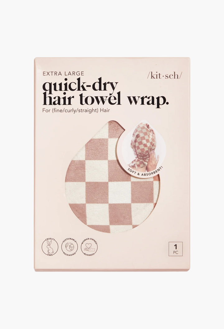 Extra Large Quick-Dry Hair Towel Wrap - Terracotta Checker - GLAM MODA