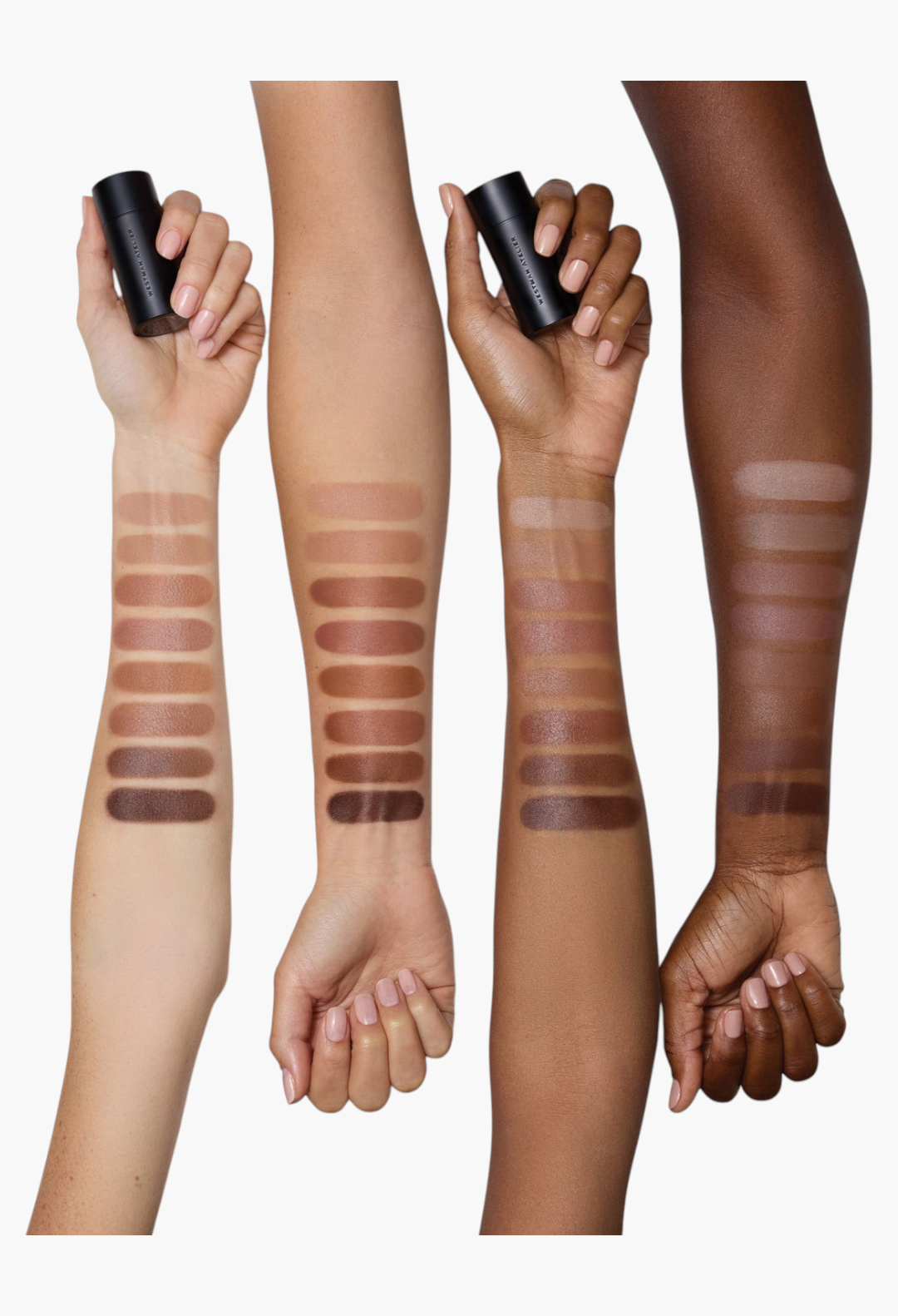 GLAM MODA Face Trace Contour Stick swatches in eight shades on four different skin tones for natural definition