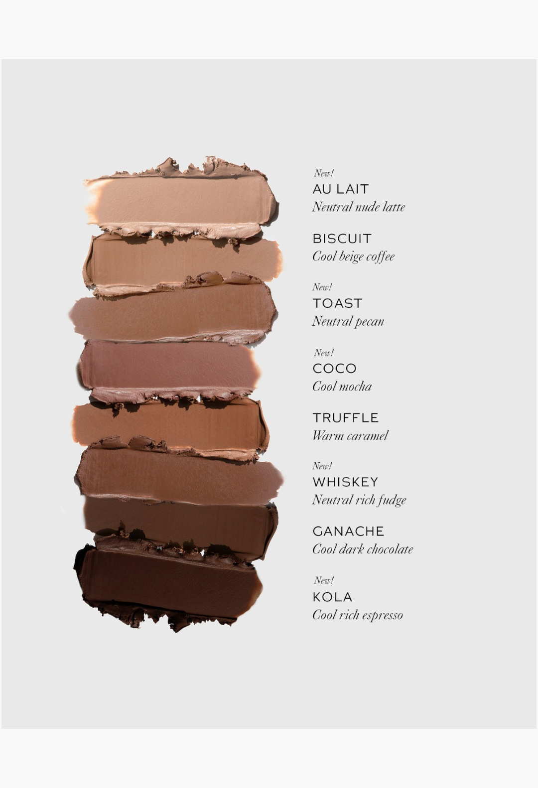 GLAM MODA Face Trace Contour Stick swatches in eight shades from light neutral latte to deep cool espresso
