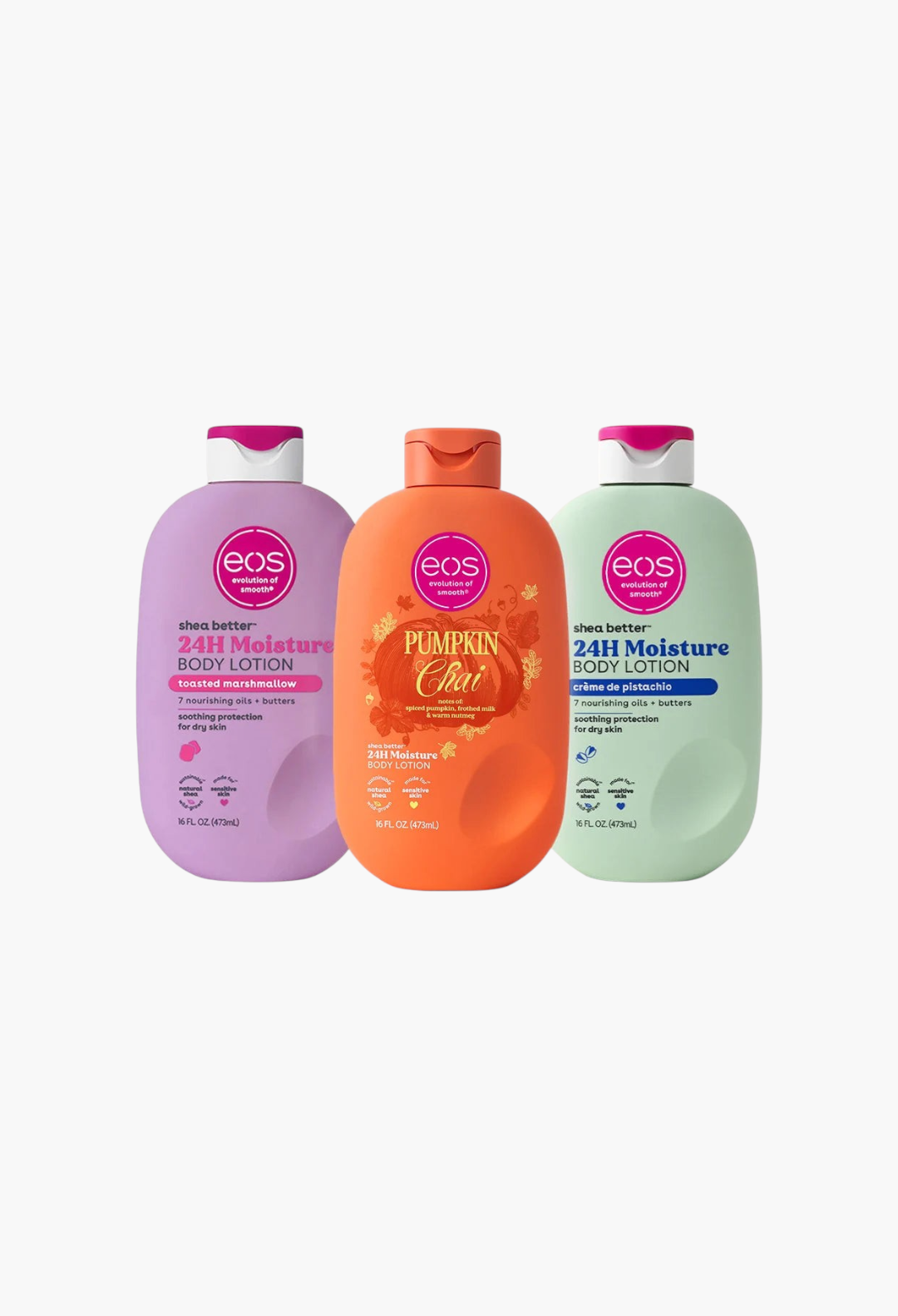 GLAM MODA Cozy Cravings body lotion bundle featuring Toasted Marshmallow, Pumpkin Chai, and Crème de Pistachio scents.