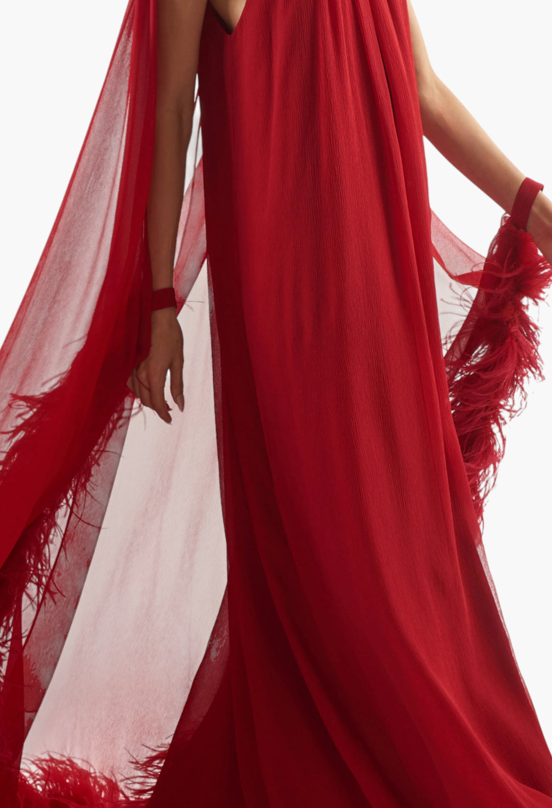 Feathered Eterea Gown In Ruby - GLAM MODA