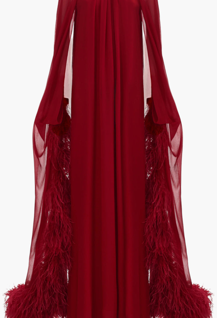 Feathered Eterea Gown In Ruby - GLAM MODA