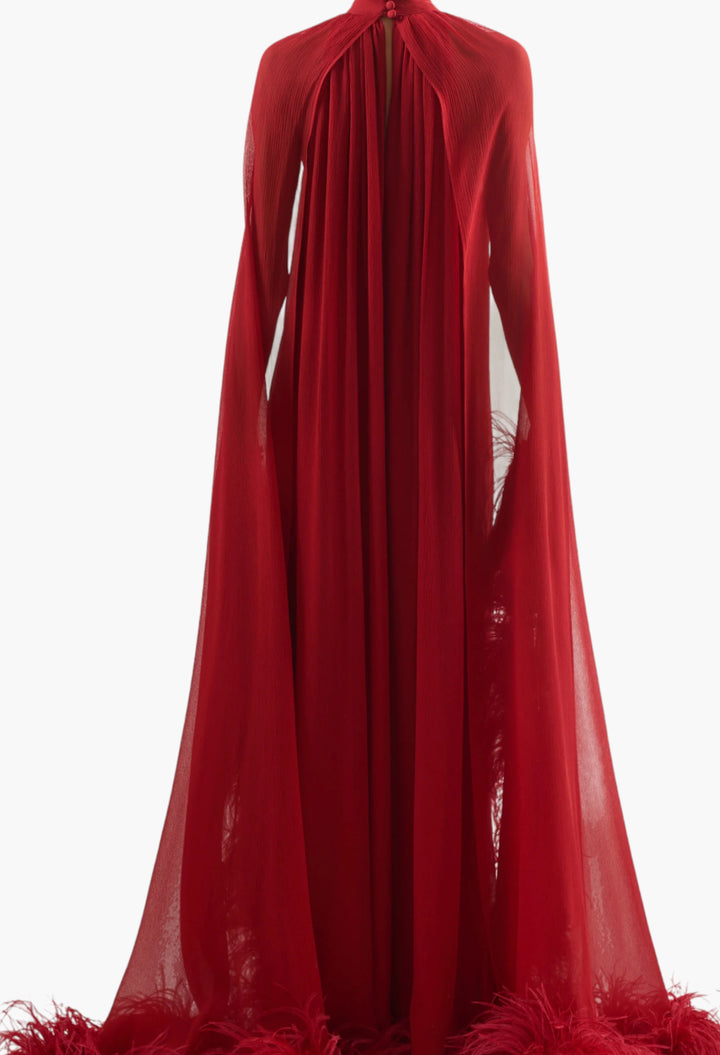 Feathered Eterea Gown In Ruby - GLAM MODA