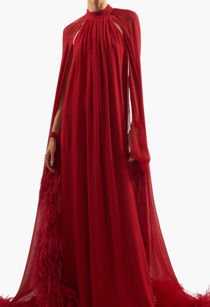 Feathered Eterea Gown In Ruby - GLAM MODA