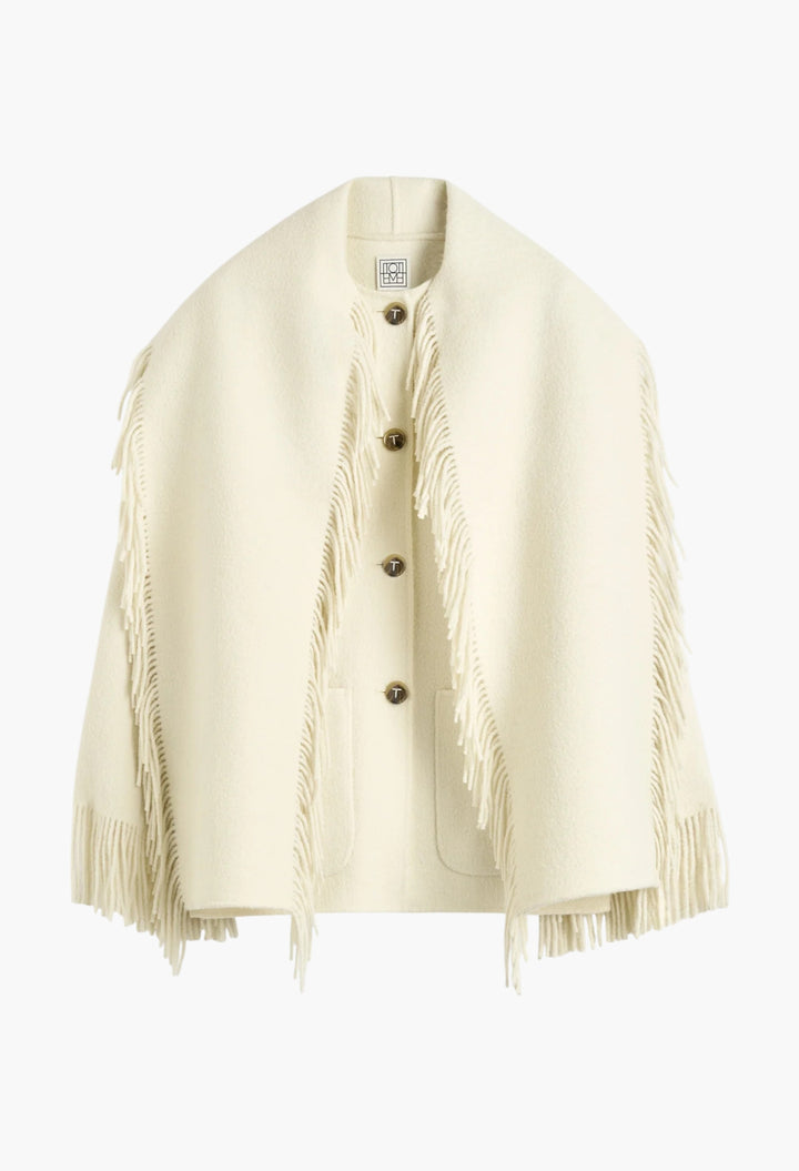 Fringed Scarf Jacket Winter White - GLAM MODA