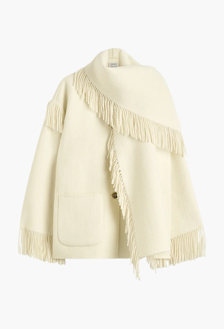Fringed Scarf Jacket Winter White - GLAM MODA