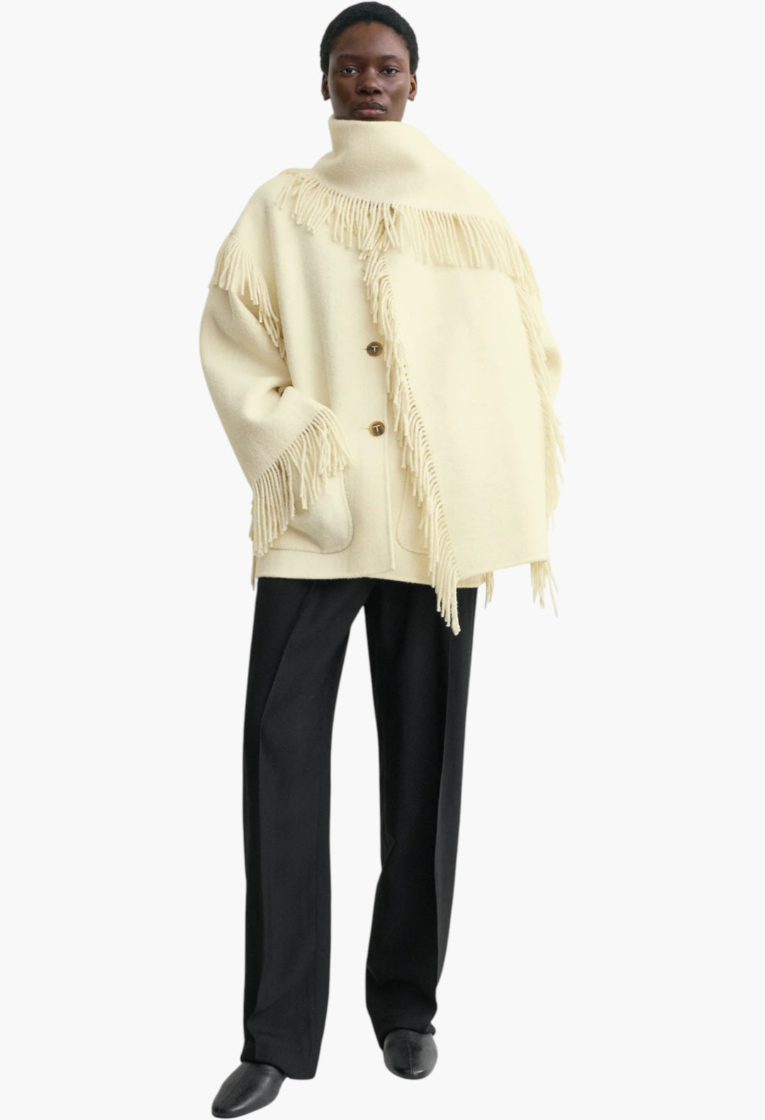 Fringed Scarf Jacket Winter White - GLAM MODA