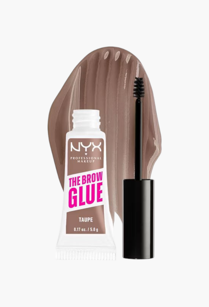 GLAM MODA NYX Professional Makeup Brow Glue in Taupe with applicator brush and a swatch of the tinted gel formula