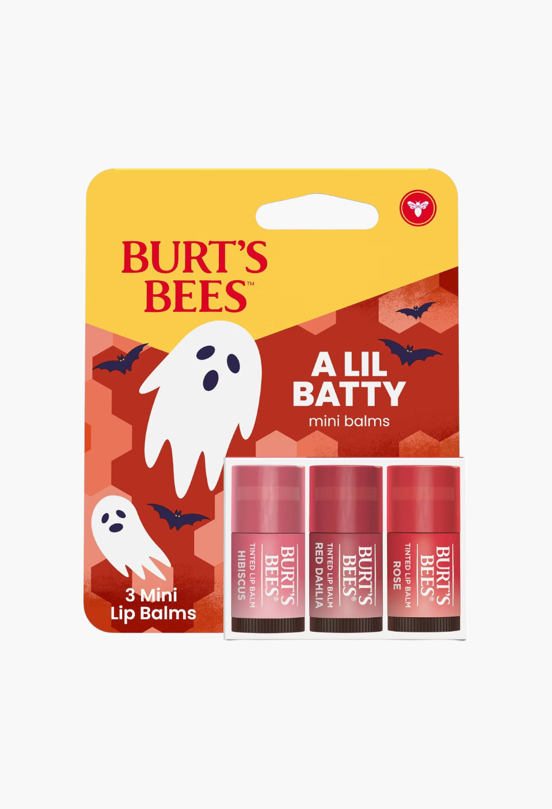 GLAM MODA Burt's Bees A Lil Batty mini tinted lip balm set featuring Hibiscus, Red Dahlia, and Rose shades in packaging.