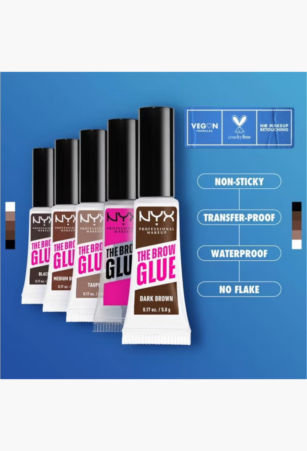 GLAM MODA NYX Professional Makeup Brow Glue tubes in various shades with vegan and cruelty-free icons on blue background