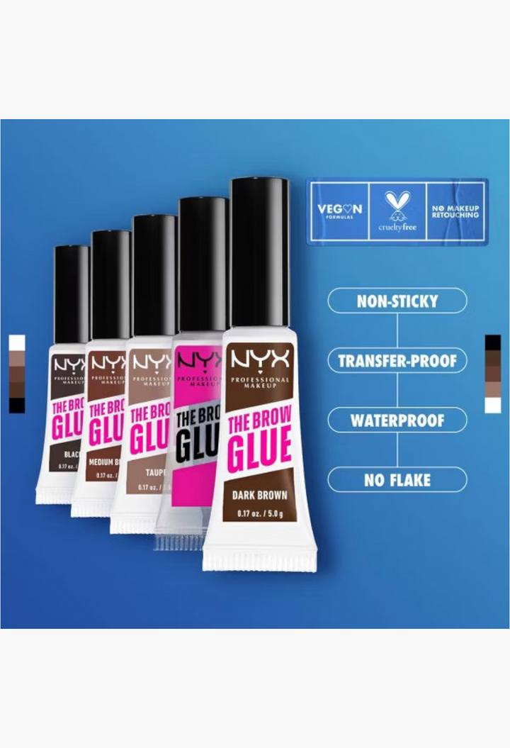 GLAM MODA NYX Professional Makeup Brow Glue tubes in various shades with vegan and cruelty-free icons on blue background