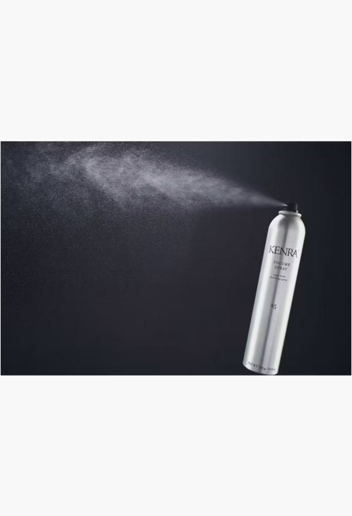 GLAM MODA Kenra Volume Spray 25 super hold finishing spray in a silver aerosol can with a fine mist spray pattern
