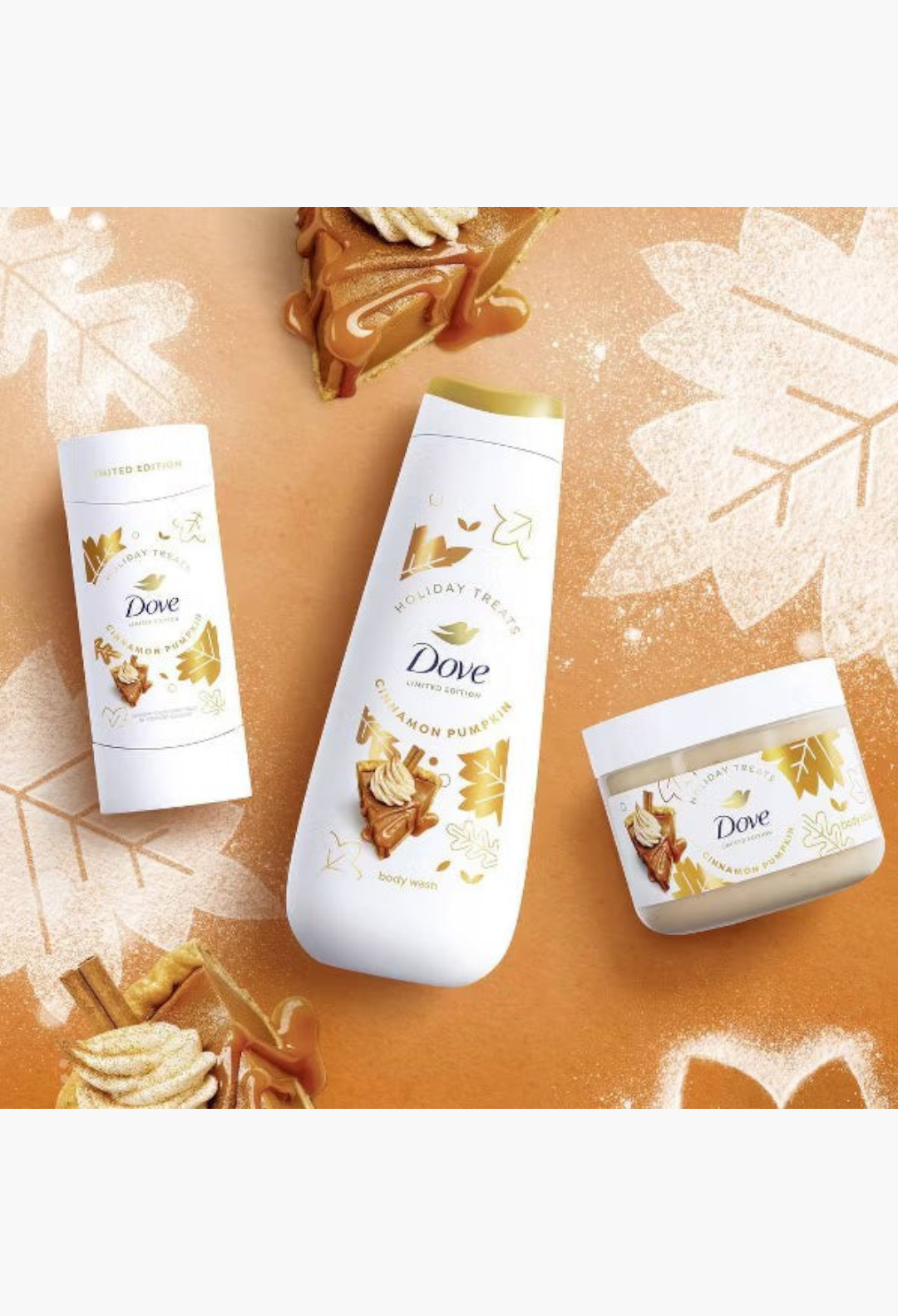 GLAM MODA Dove Cinnamon Pumpkin Pie body wash, scrub, and stick products with festive pumpkin and spice illustrations.