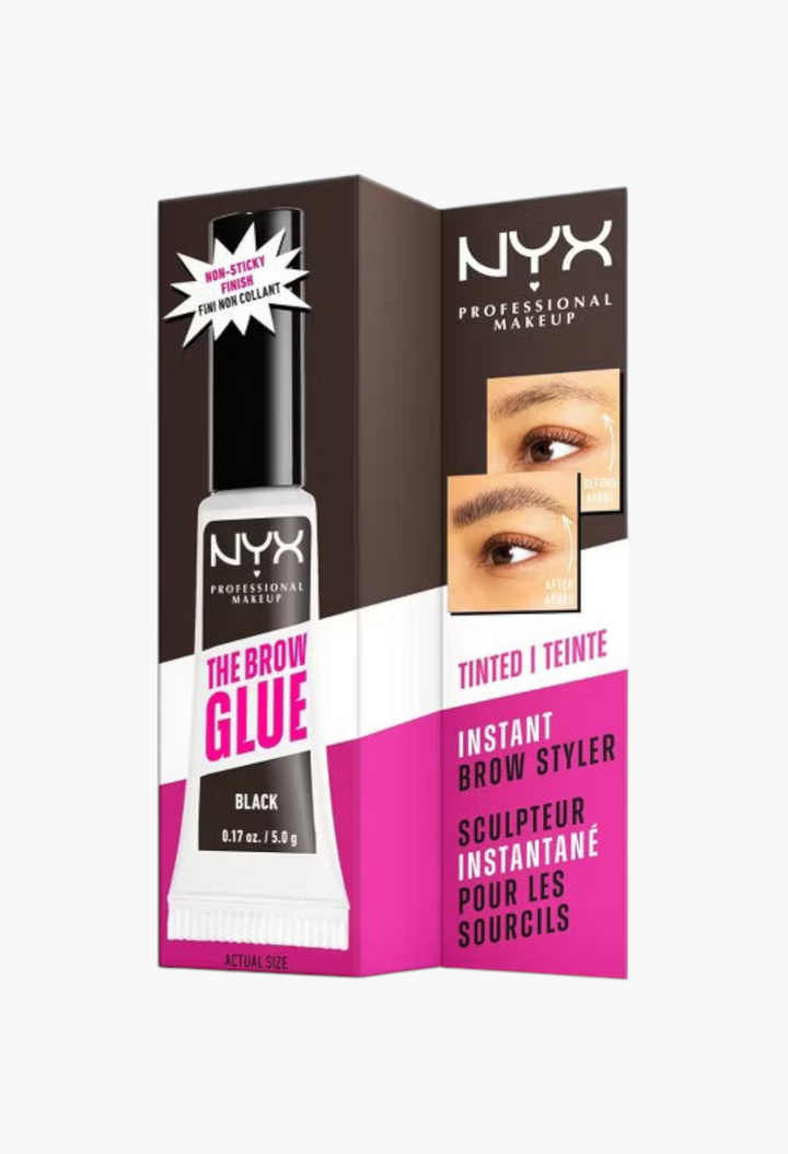 GLAM MODA NYX Professional Makeup Brow Glue in black, a tinted eyebrow styling gel with a non-sticky finish.