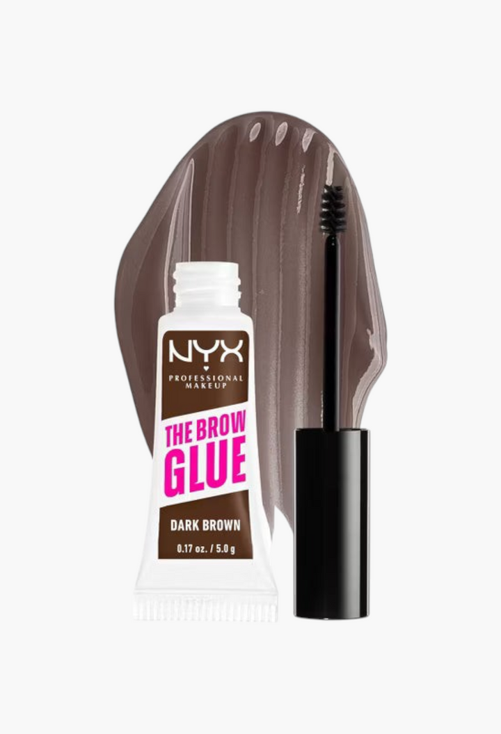 GLAM MODA NYX Professional Makeup Brow Glue in dark brown with applicator brush and product swatch