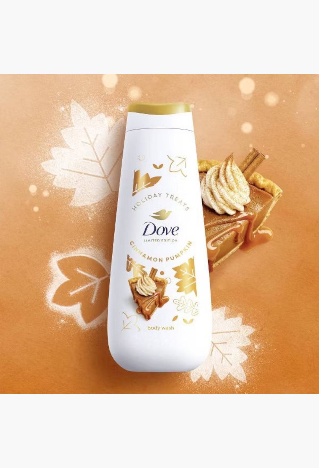 GLAM MODA Dove Cinnamon Pumpkin Pie body wash bottle with festive gold leaf and pumpkin pie graphics