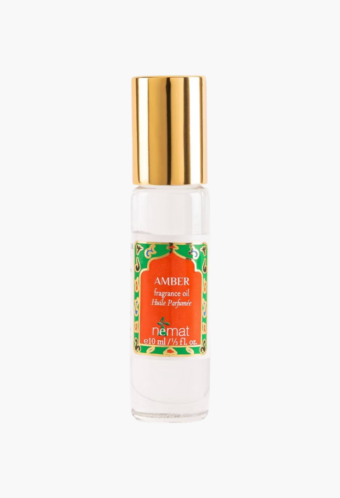 GLAM MODA Nemat Amber fragrance oil in a 10ml travel-friendly glass roll-on bottle with a gold cap.