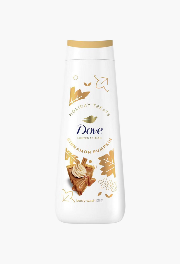 GLAM MODA Dove Cinnamon Pumpkin Pie limited edition body wash in a white bottle with gold autumn leaf illustrations.