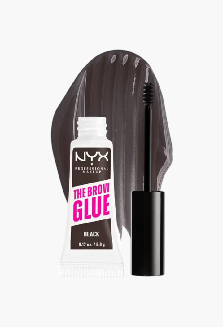 GLAM MODA NYX Professional Makeup Brow Glue in black with applicator brush and product swatch on white background