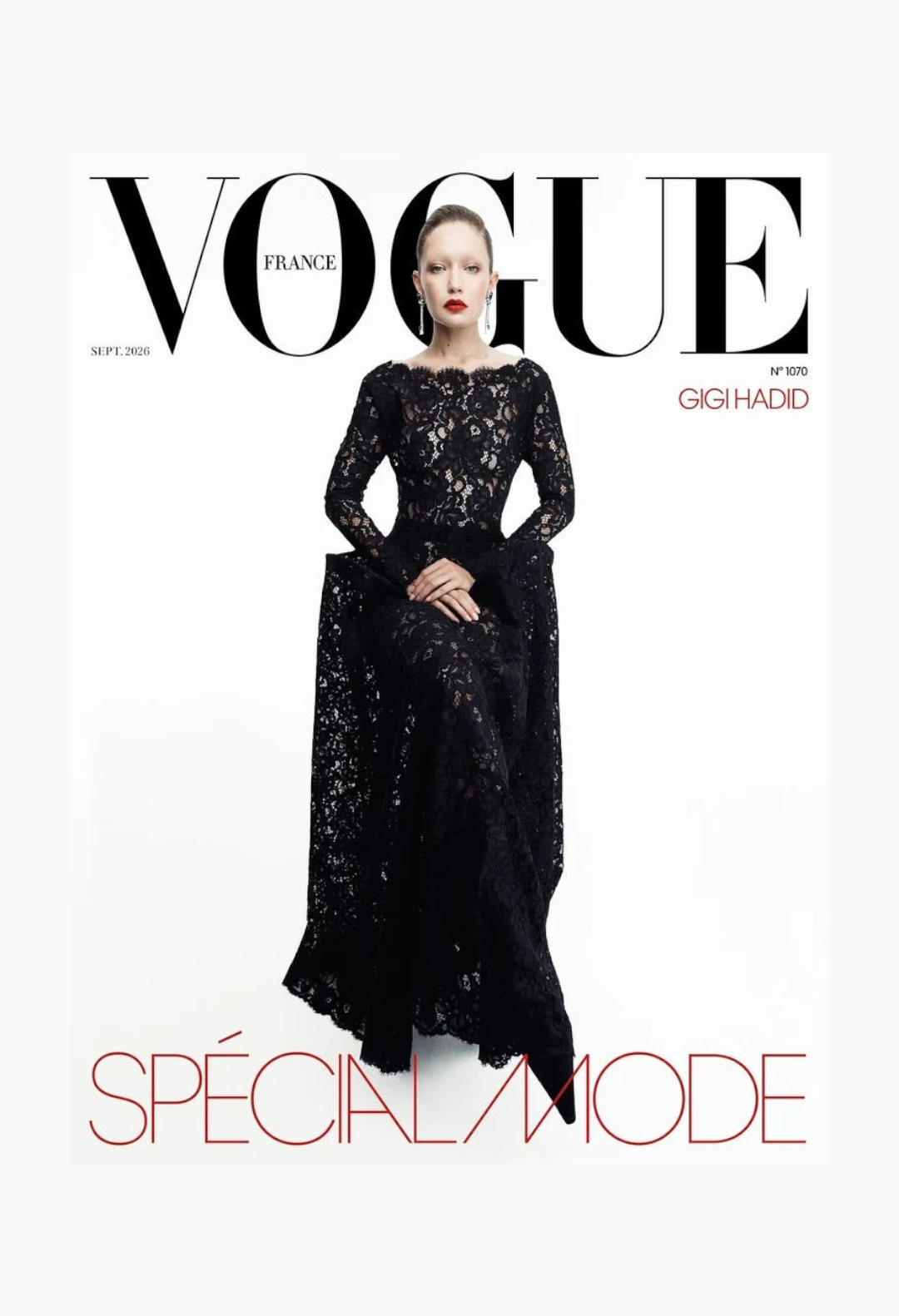 GLAM MODA Vogue France September 2026 cover featuring Gigi Hadid in a black lace gown against a white background