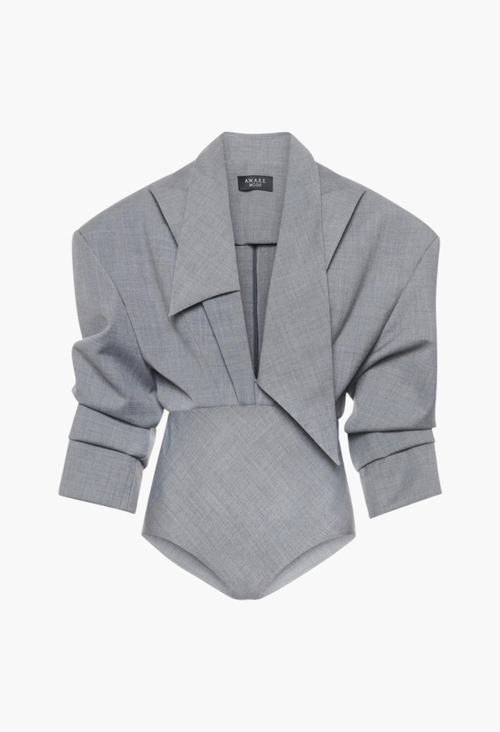 Tailored Bodysuit With Shirt Collar Insert Grey Melange - GLAM MODA