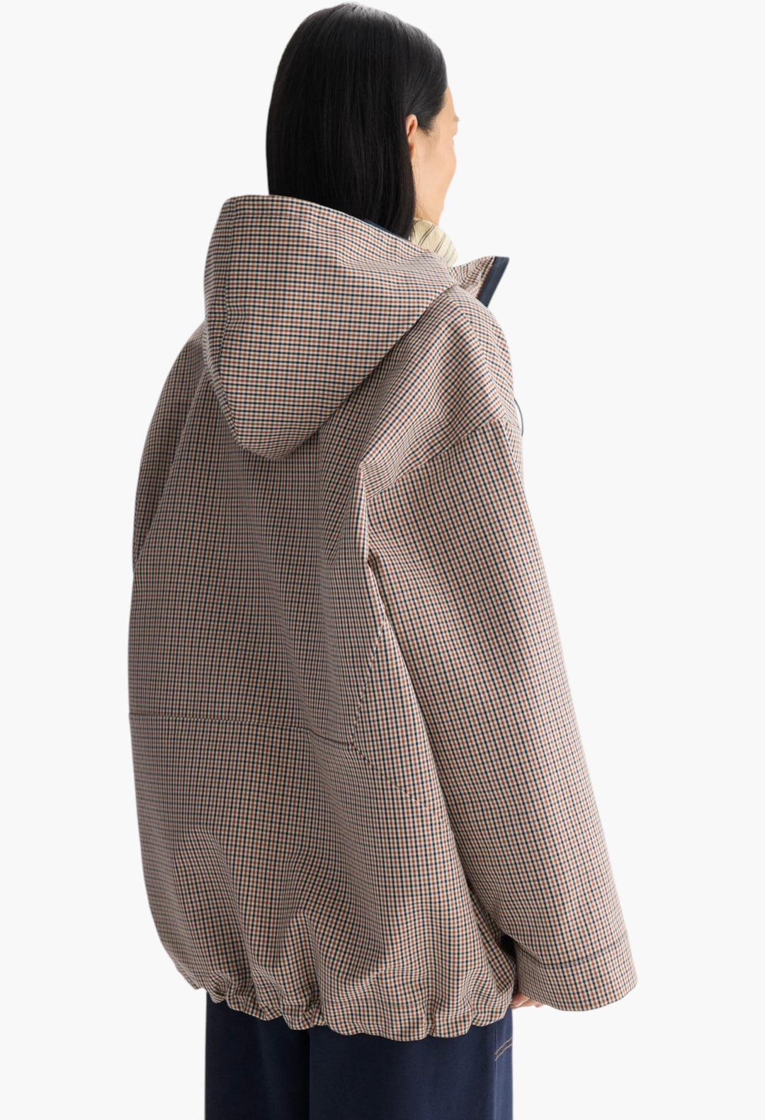 Hooded Chequered Technical Cotton Oversize Coat - GLAM MODA
