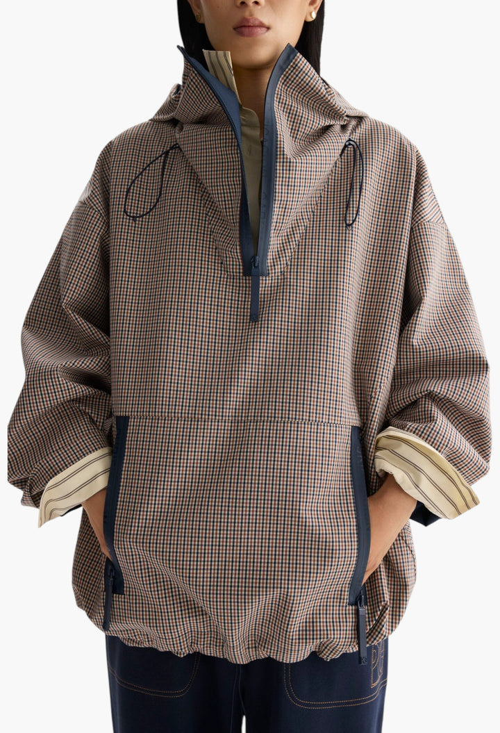 Hooded Chequered Technical Cotton Oversize Coat - GLAM MODA