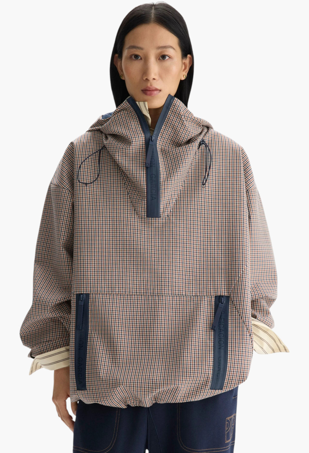Hooded Chequered Technical Cotton Oversize Coat - GLAM MODA