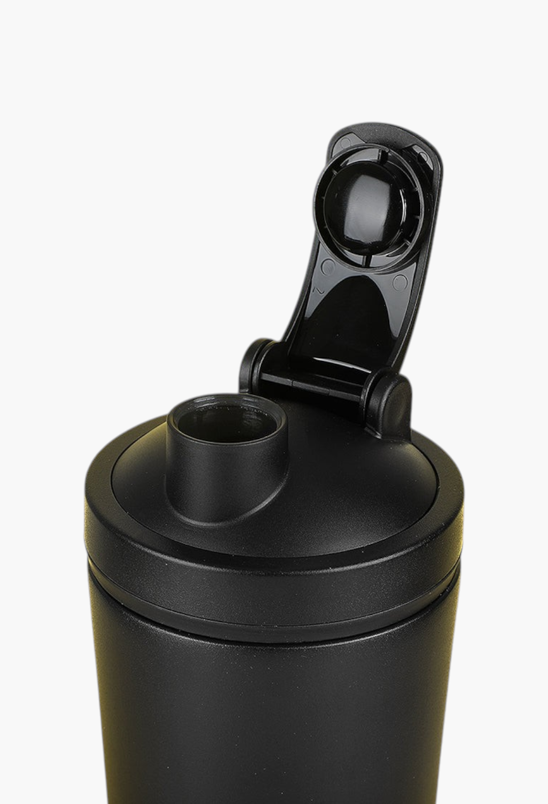 GLAM MODA Matte Shaker bottle in black with an open vacuum-seal lid against a yellow background.
