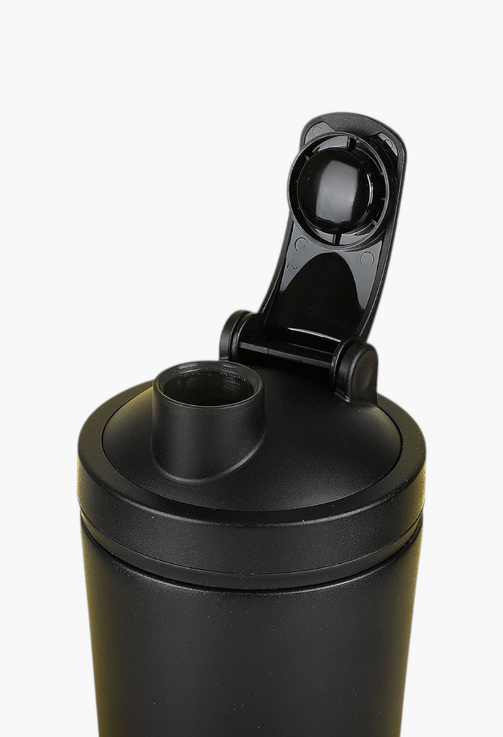 GLAM MODA Matte Shaker bottle in black with an open vacuum-seal lid against a yellow background.