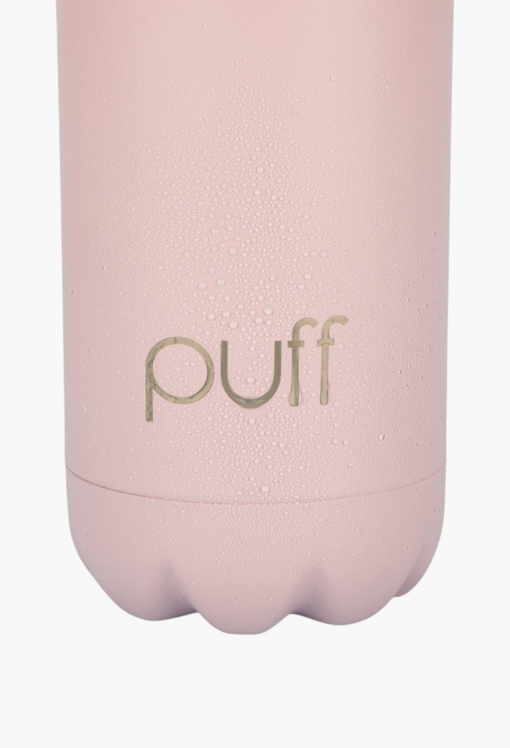 GLAM MODA matte baby pink insulated stainless steel Puff bottle with water droplets on the surface