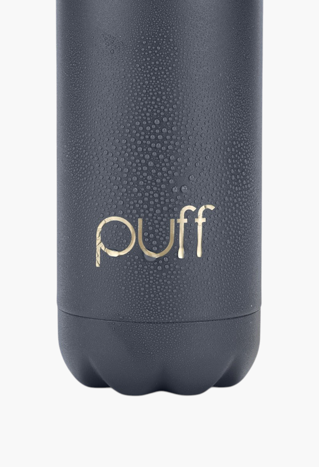 GLAM MODA matte Mykonos blue stainless steel Puff bottle with condensation droplets on the exterior surface