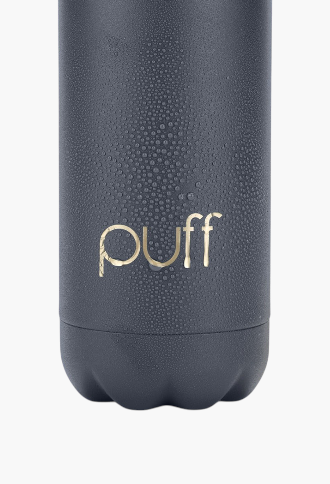GLAM MODA matte Mykonos blue stainless steel Puff bottle with condensation droplets on the exterior surface