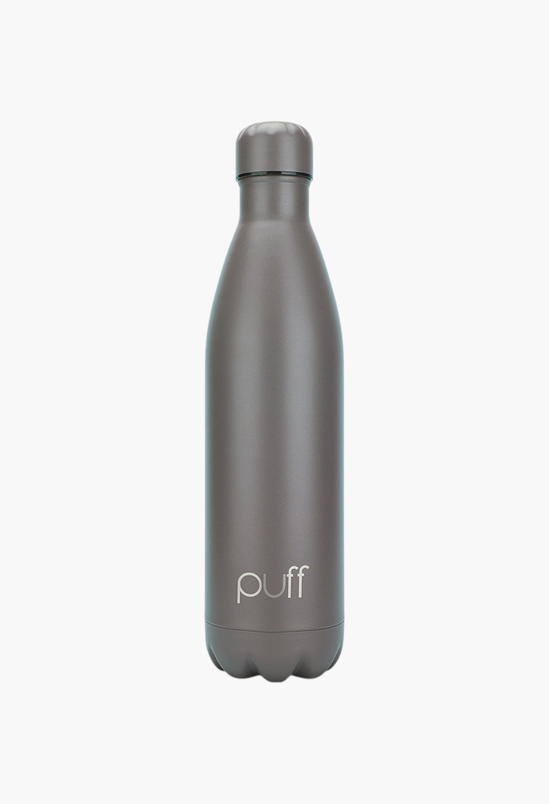GLAM MODA matte volcanic grey stainless steel insulated Puff Bottle with a spill-resistant cap on a blue background