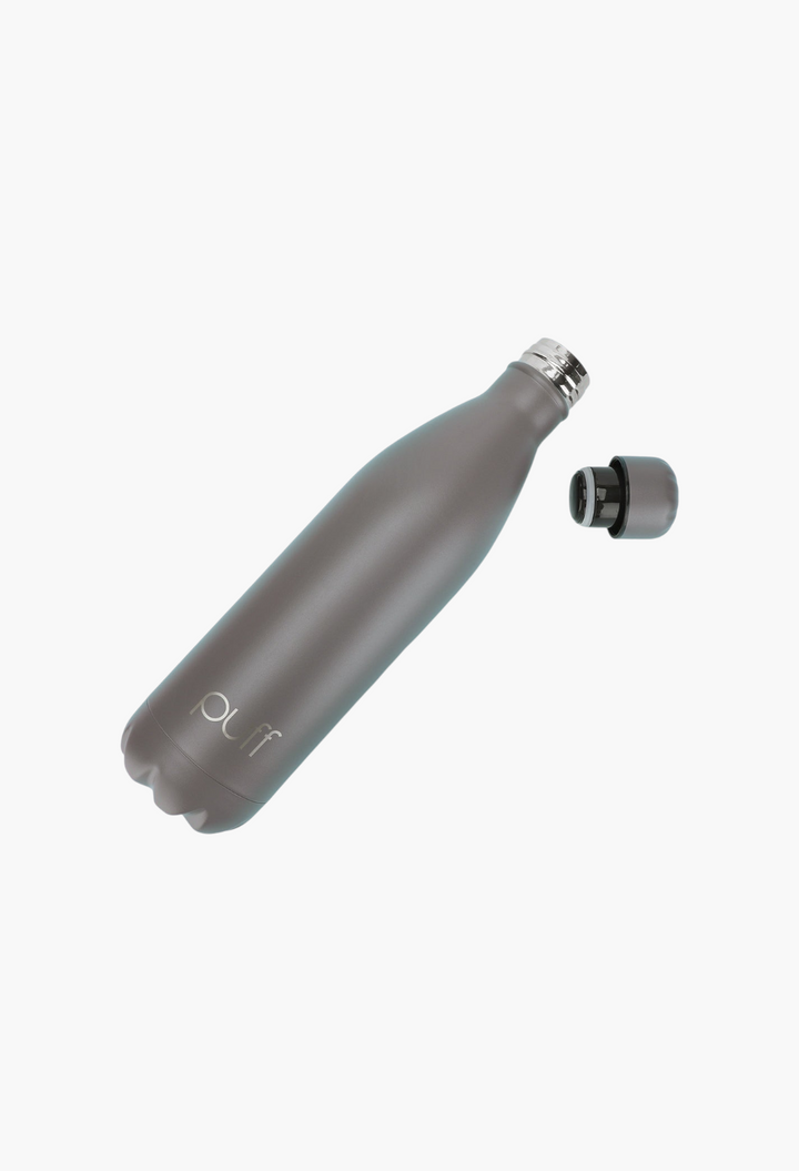 GLAM MODA matte volcanic grey stainless steel Puff Bottle with a detached spill-resistant cap on a white background