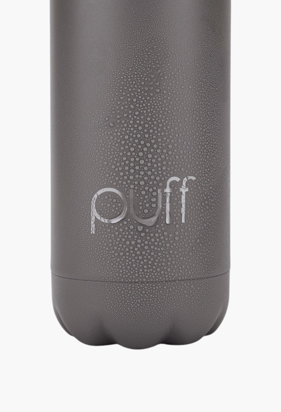 GLAM MODA matte volcanic grey stainless steel Puff bottle with condensation droplets on a light blue background
