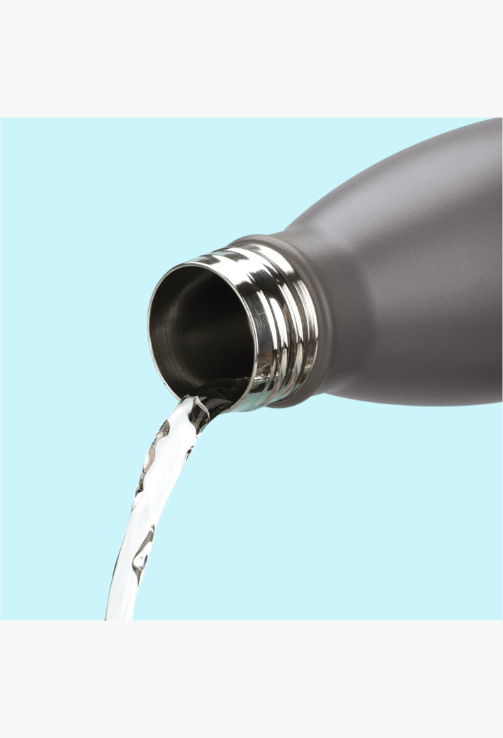 GLAM MODA matte volcanic grey stainless steel insulated water bottle pouring fresh water