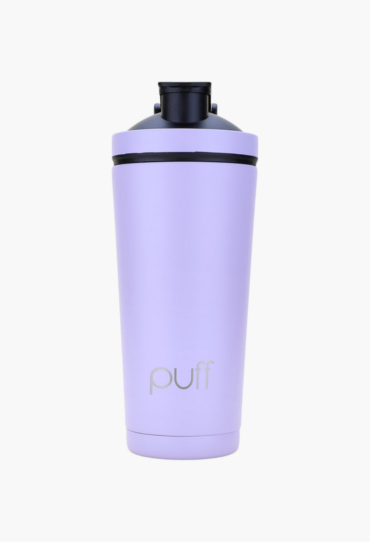 GLAM MODA Matte Shaker in light purple stainless steel with a black vacuum-seal cap for cold drinks.