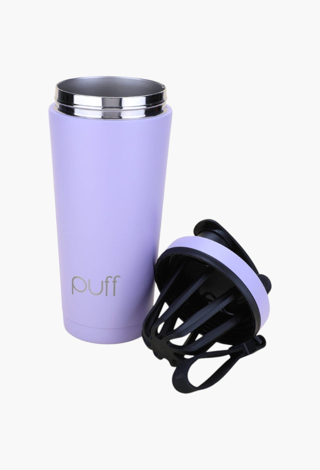 GLAM MODA Puff Shaker in matte lavender stainless steel with a black whisk lid and double-walled insulation.