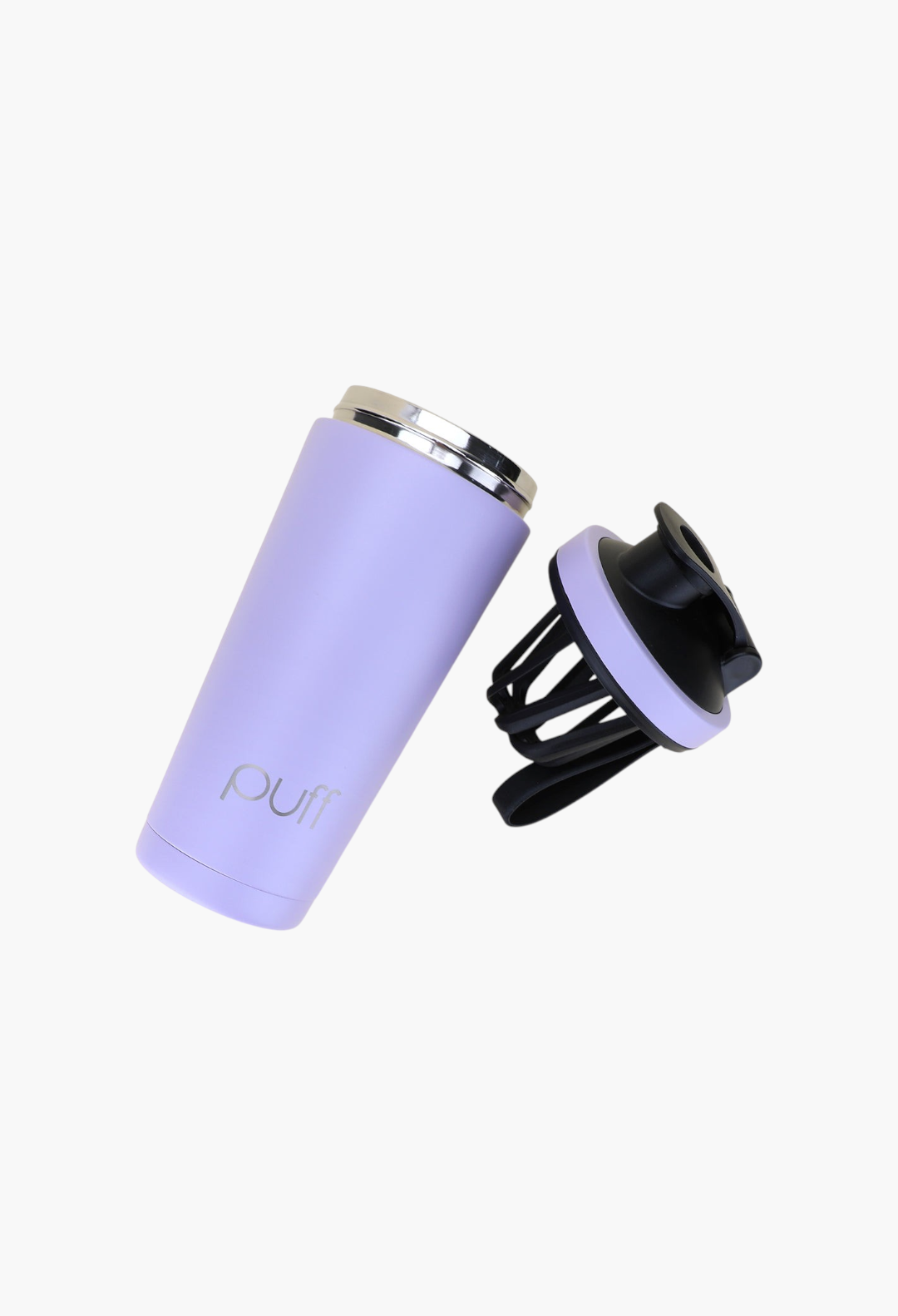 GLAM MODA lavender stainless steel insulated shaker bottle with a black lid and mixing whisk on a light background