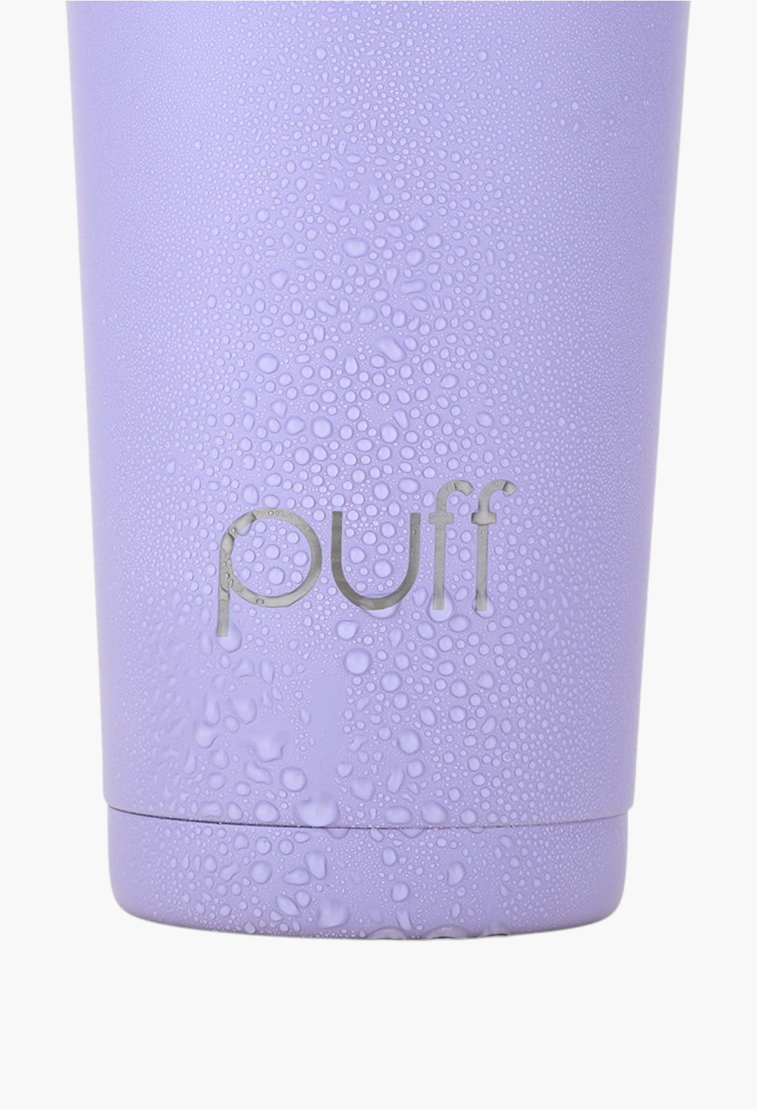 GLAM MODA Puff Shaker in matte lavender stainless steel with condensation droplets on the exterior surface