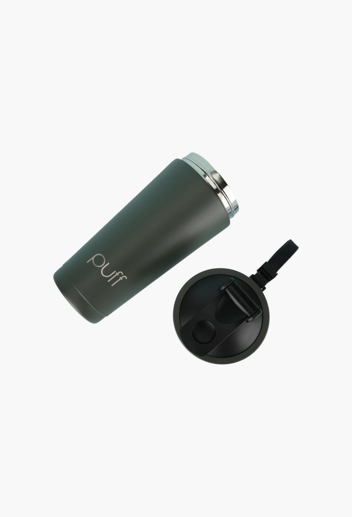 GLAM MODA Matte Shaker in dark green stainless steel with a matching vacuum-seal cap and carry strap.