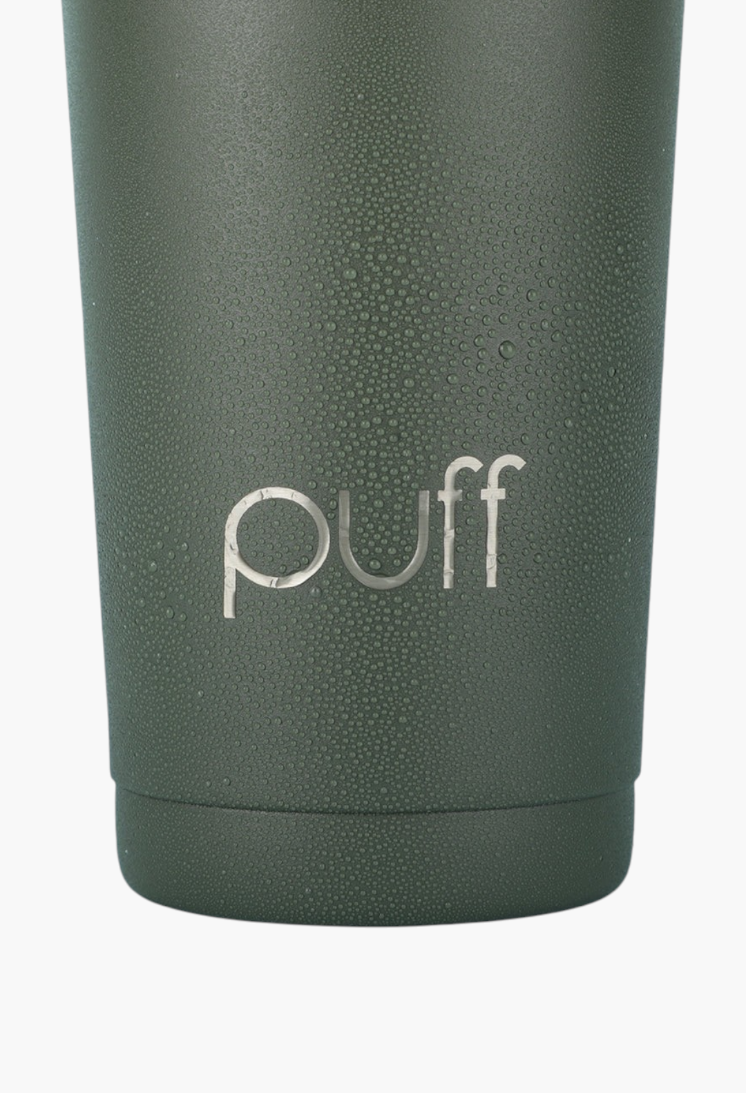GLAM MODA matte olive green stainless steel Puff shaker bottle with condensation droplets on the exterior