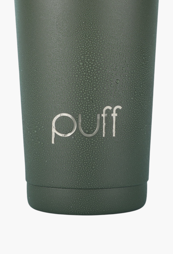 GLAM MODA matte olive green stainless steel Puff shaker bottle with condensation droplets on the exterior