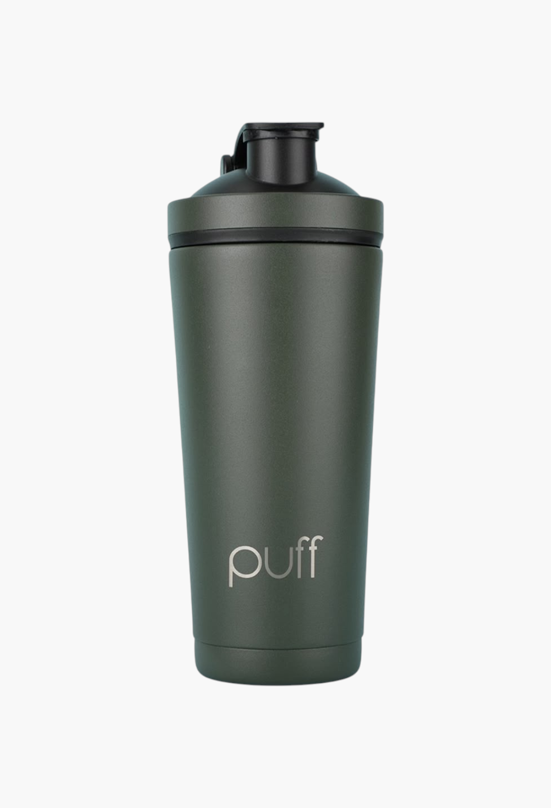 GLAM MODA matte olive green stainless steel insulated shaker bottle with a black vacuum-seal cap