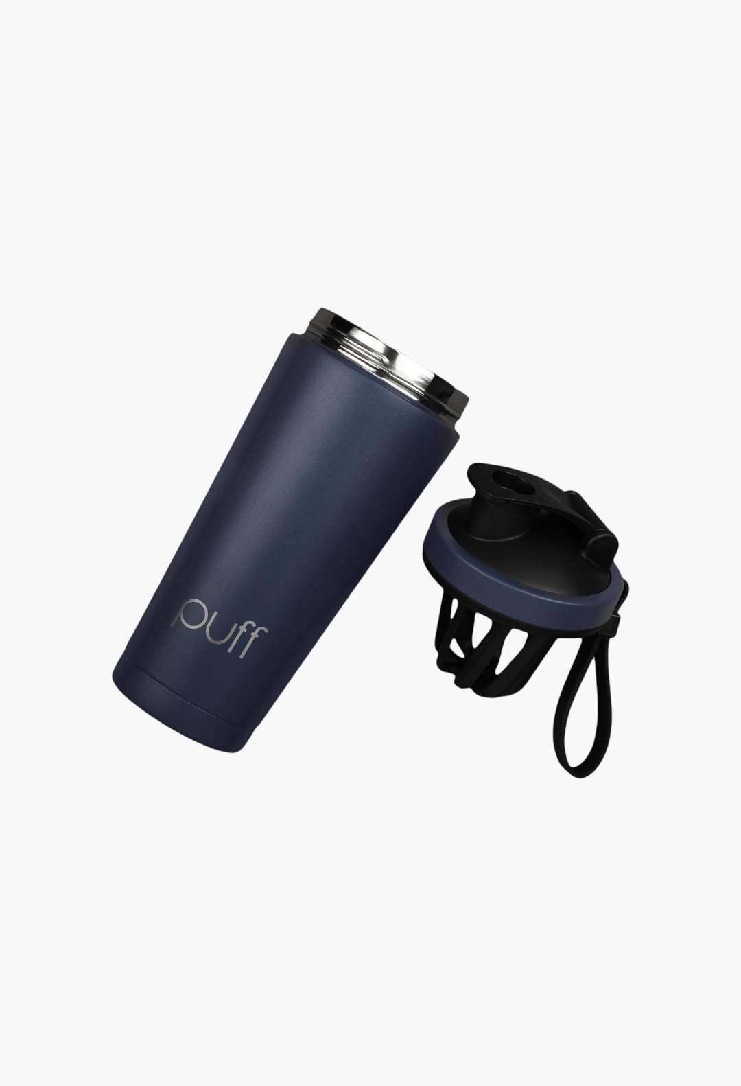 GLAM MODA matte navy blue stainless steel insulated shaker bottle with black lid and internal mixing whisk