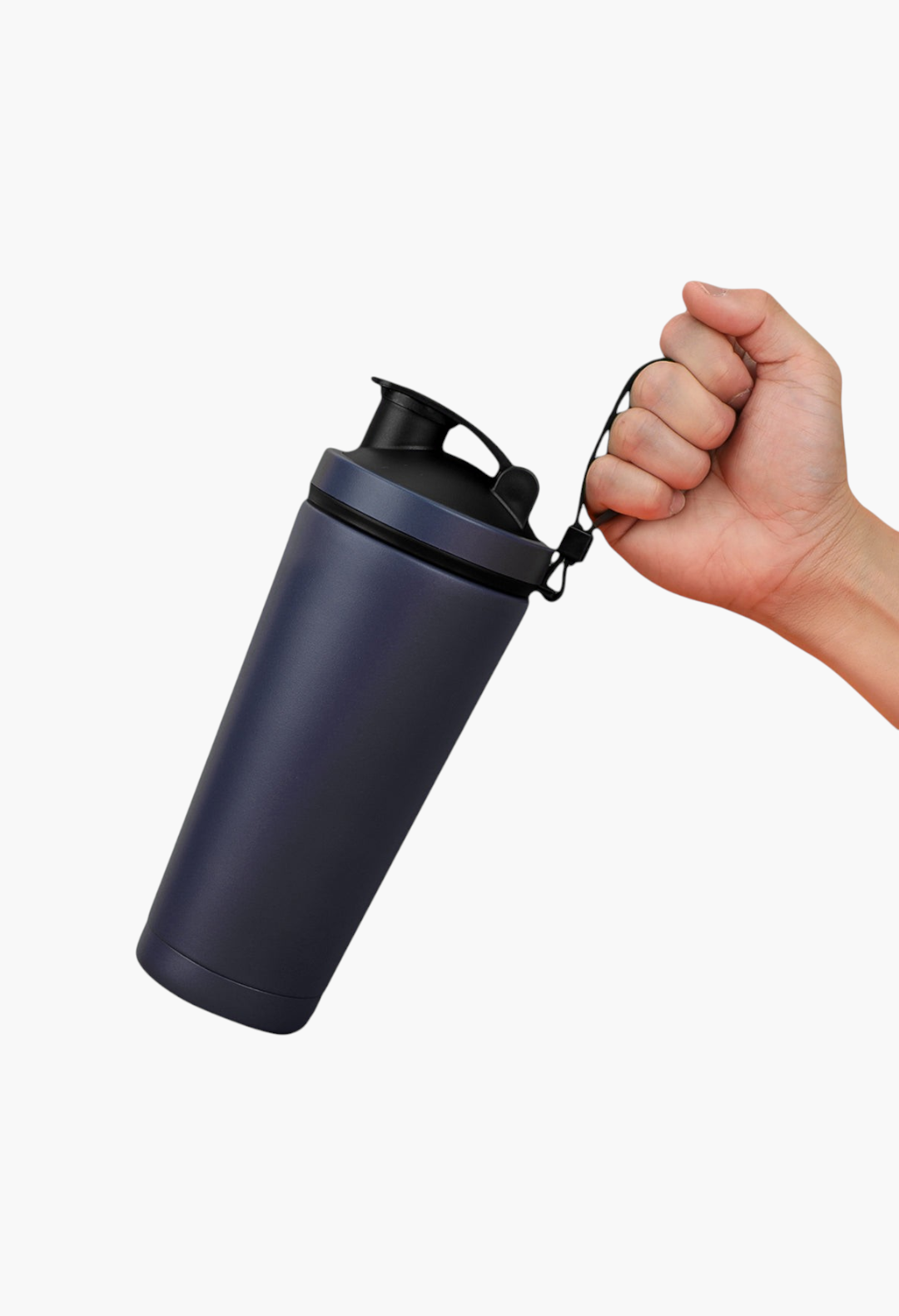 GLAM MODA matte navy blue stainless steel shaker bottle with a black lid and carry loop held by a hand