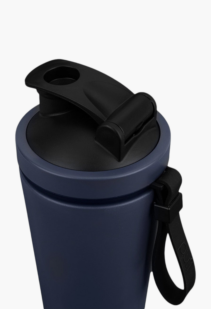 GLAM MODA matte navy blue stainless steel insulated shaker bottle with a black leak-proof cap and carrying strap